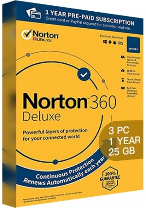  Norton 360 Deluxe - 3 PCs/1 Year/25GB Cloud Storage